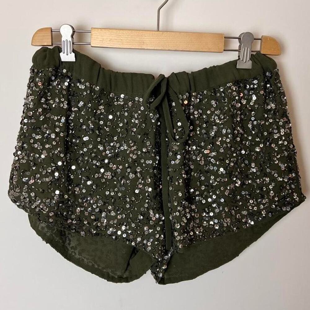 GUESS Sequin Olive Green Shorts Drawstring Waist Women's Size M